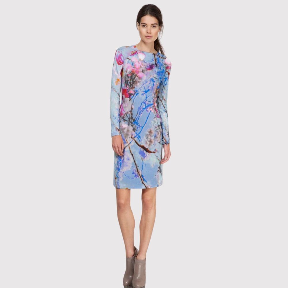 Matthew Williamson Dress Blue Mini Floral Sheath Art To Wear Long Sleeve Size 8